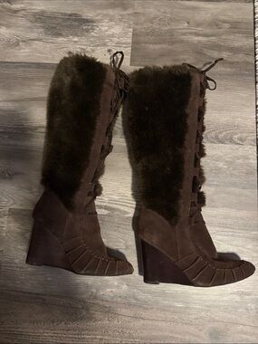 Colin Stuart Brown Faux-Fur Suede Wedge Boots